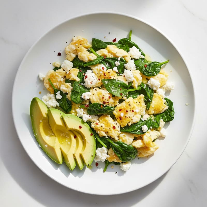 Egg White Spinach Scramble with Cottage Cheese and Sliced Avocado