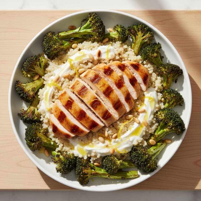 Grilled Chicken Breast with Creamy Quinoa and Roasted Broccoli