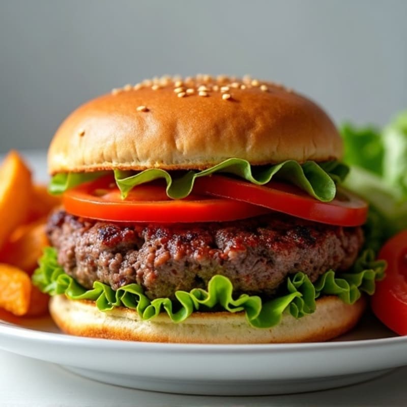 Lean Beef Burger with Crispy Sweet Potato Fries and Fresh Greens
