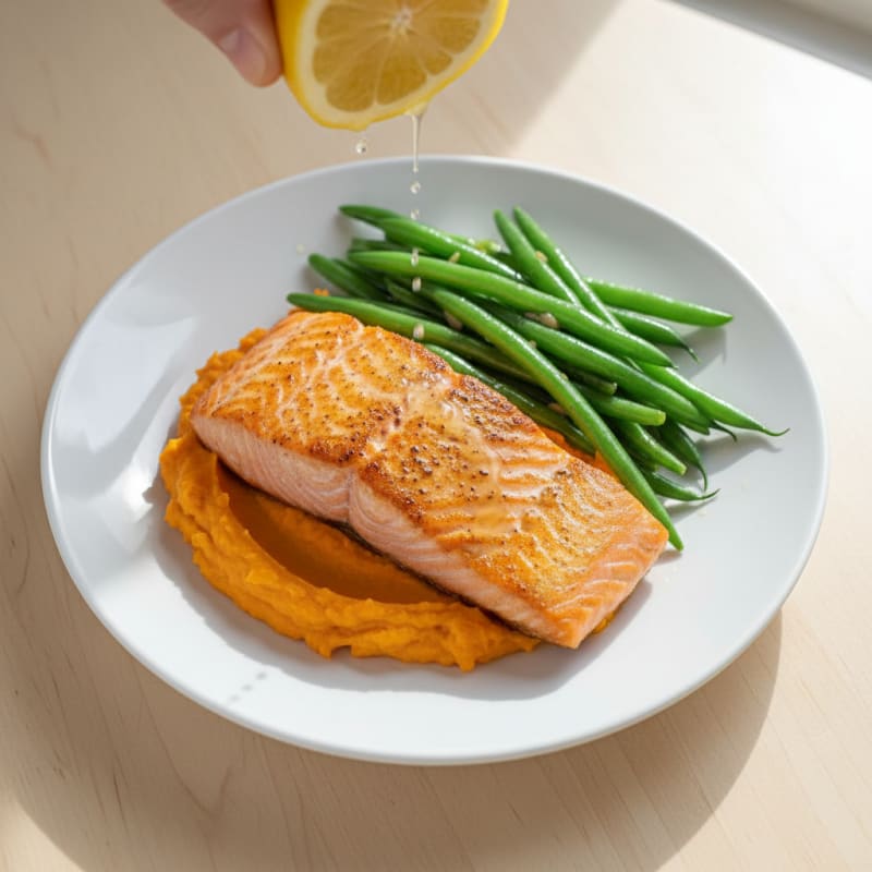 Seared Salmon Fillet with Steamed Green Beans and Sweet Potato Mash