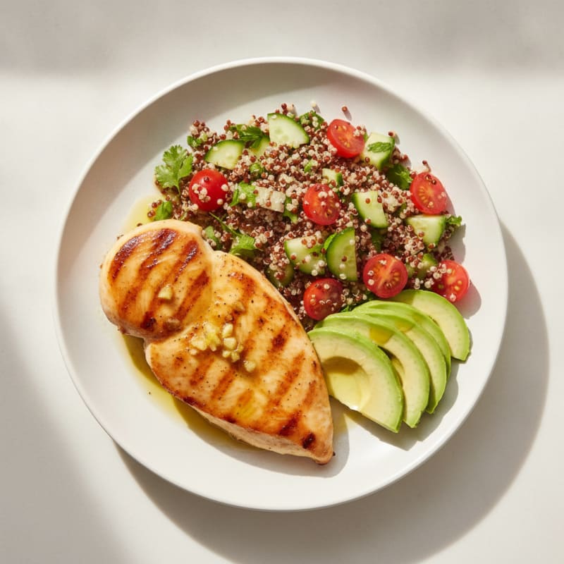Grilled Lemon Garlic Chicken Breast with Quinoa Salad and Avocado