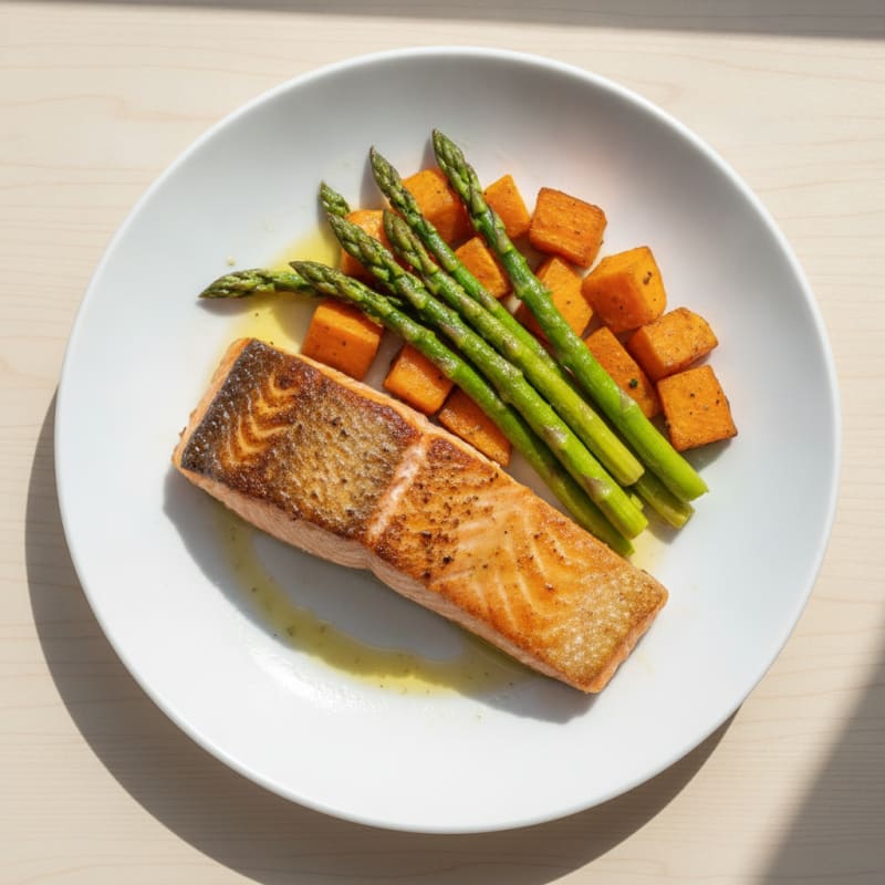 Seared Salmon Fillet with Roasted Sweet Potatoes and Asparagus