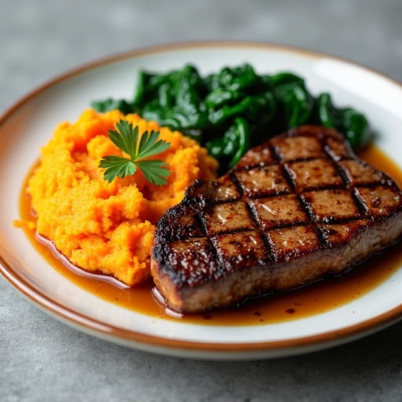 Seared Lean Steak with Sautéed Spinach and Sweet Potato Mash