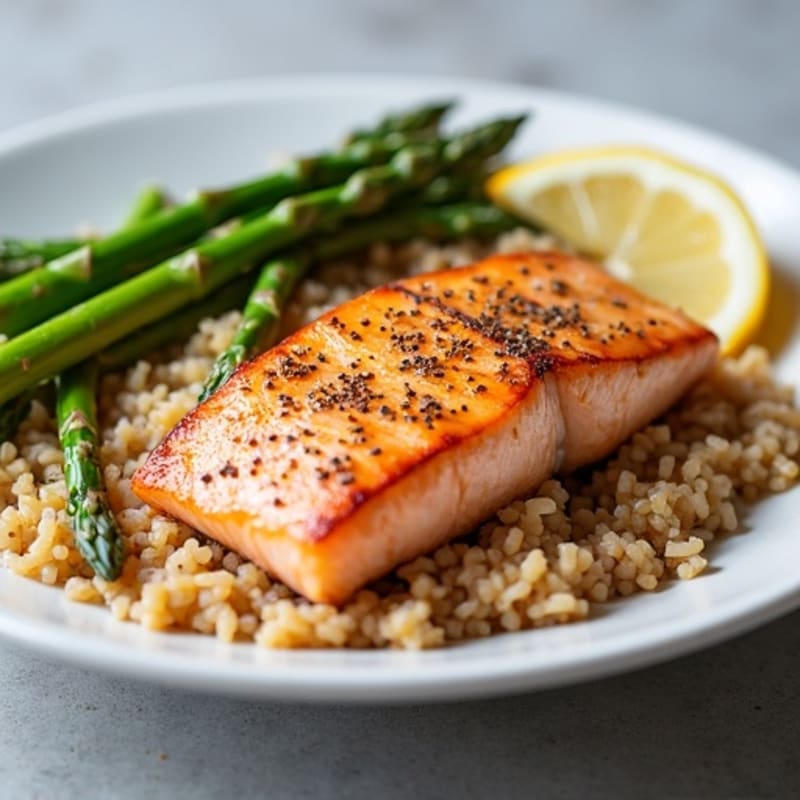 Seared Salmon with Steamed Asparagus and Brown Rice