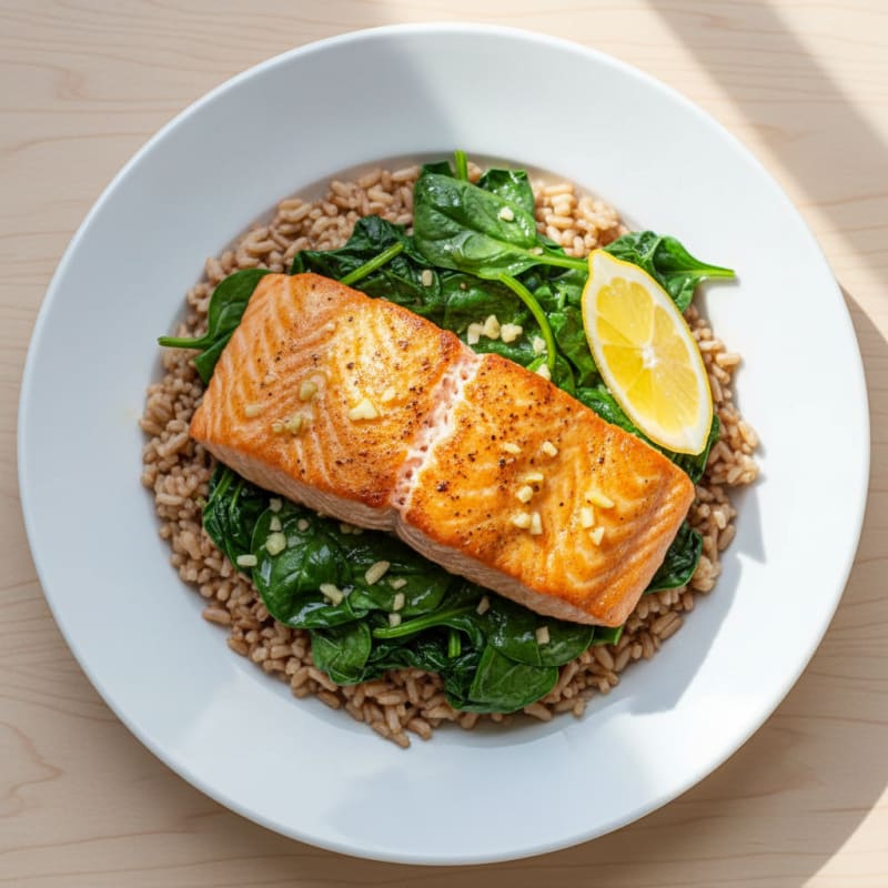 Seared Salmon with Garlic Spinach and Brown Rice