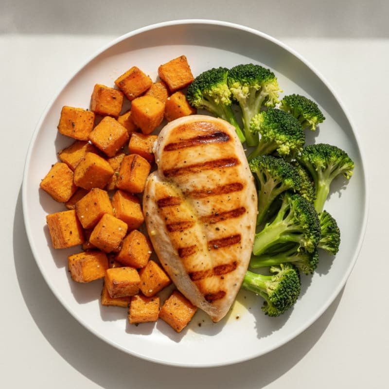 Grilled Chicken Breast with Roasted Sweet Potatoes and Steamed Broccoli