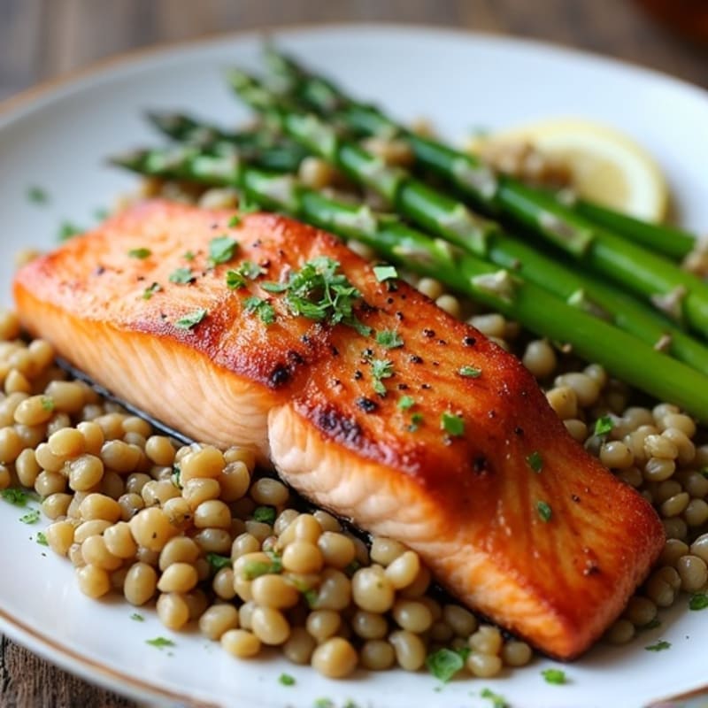 Seared Salmon Fillet with Lentil and Asparagus Pilaf