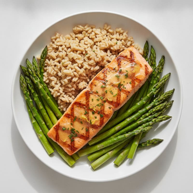 Grilled Salmon with Steamed Asparagus and Garlic Brown Rice