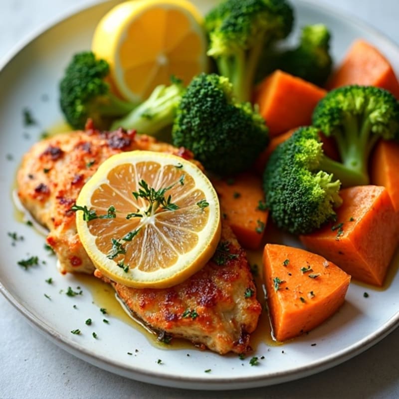 Crispy Sheet Pan Lemon Herb Chicken with Roasted Broccoli and Sweet Potatoes
