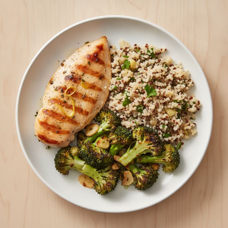 Grilled Chicken Breast with Roasted Broccoli and Quinoa Salad
