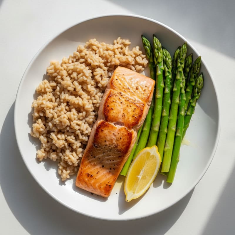 Seared Salmon with Steamed Asparagus and Brown Rice