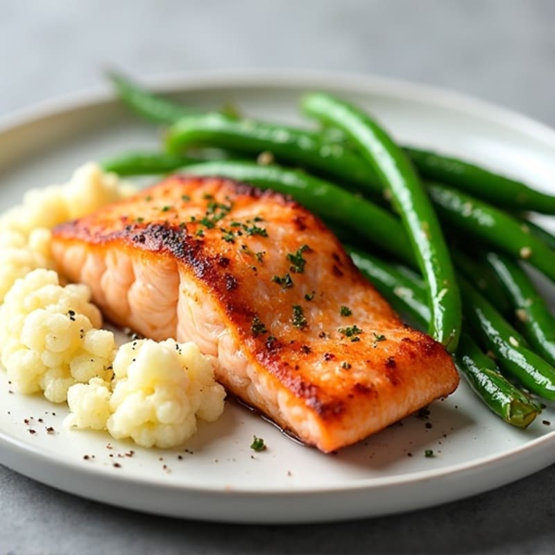 Seared Salmon with Steamed Green Beans and Garlic Mashed Cauliflower