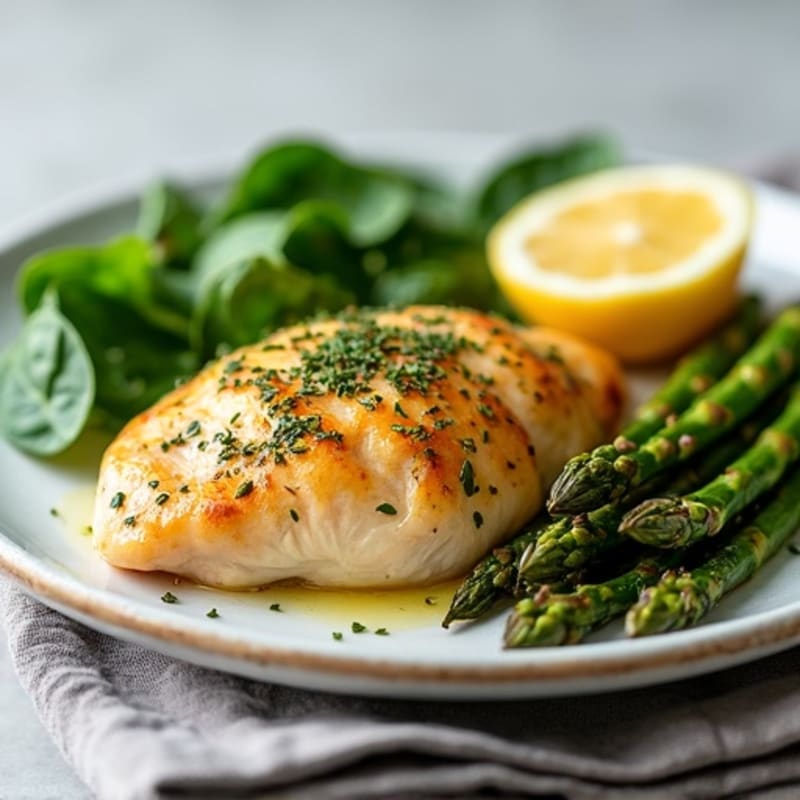Lemon Herb Baked Chicken with Roasted Asparagus and Spinach