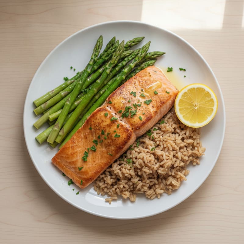 Seared Salmon Fillet with Steamed Asparagus and Brown Rice