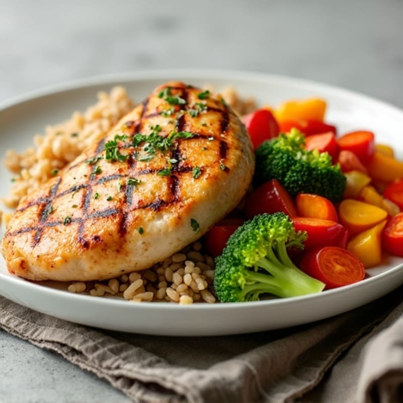Grilled Chicken Breast with Brown Rice and Olive Oil Roasted Mixed Veggies
