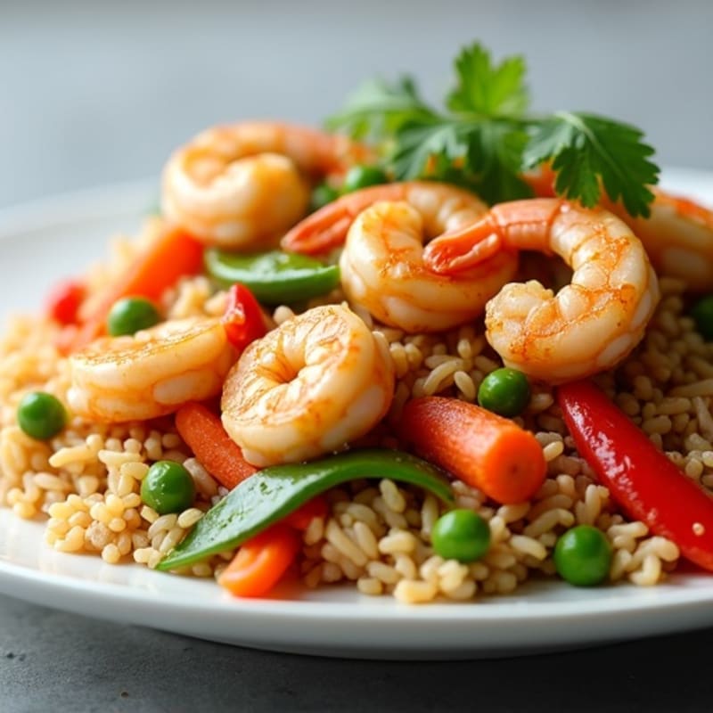 Chicken and Shrimp Stir-Fry with Quick Fried Brown Rice and Crispy Vegetables