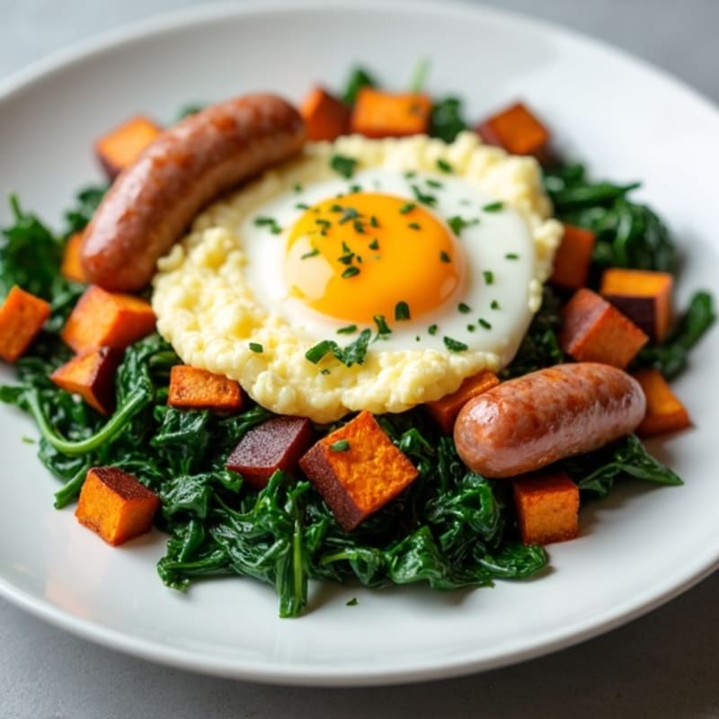 Egg White Scramble with Turkey Sausage and Sautéed Spinach
