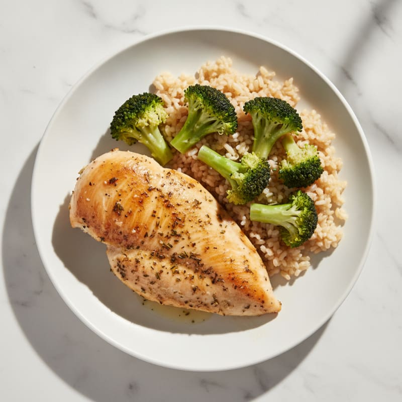 Herb-Baked Chicken Breast with Steamed Rice and Broccoli