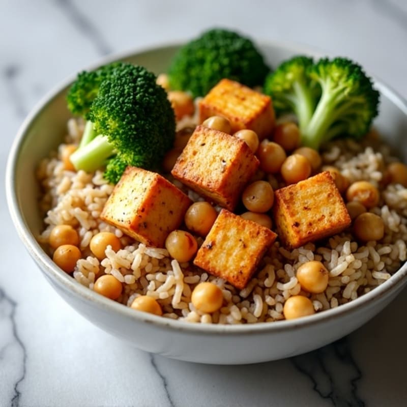 Crispy Tofu and Roasted Broccoli Bowl with Brown Rice