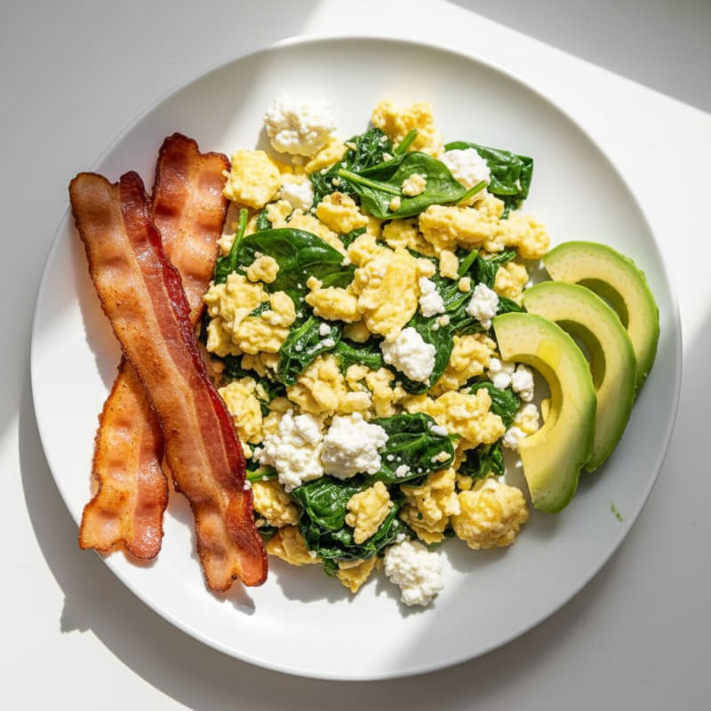 Cottage Cheese Egg Scramble with Spinach and Turkey Bacon