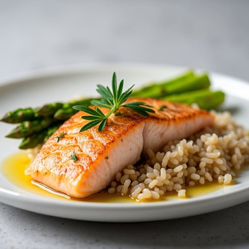 Seared Salmon with Steamed Asparagus and Brown Rice