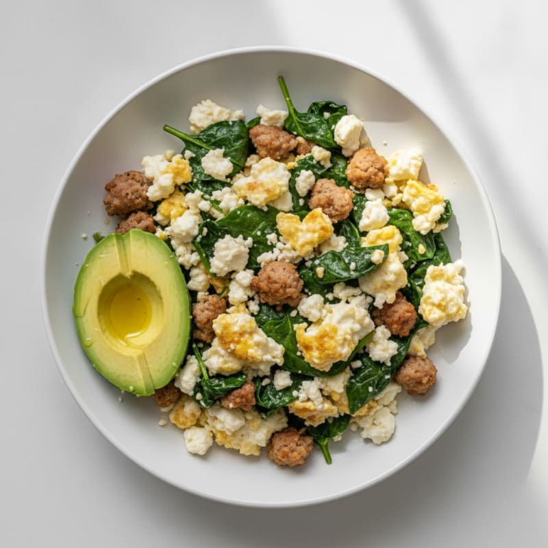 Egg White and Turkey Sausage Scramble with Spinach and Feta