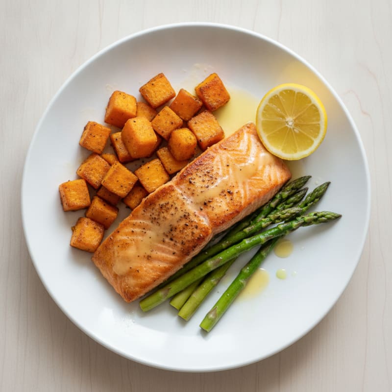 Seared Salmon with Roasted Sweet Potatoes and Asparagus