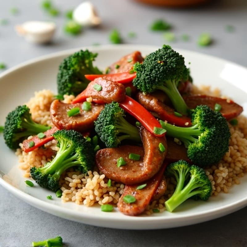 Savory Garlic Beef and Crispy Broccoli Stir-Fry with Brown Rice