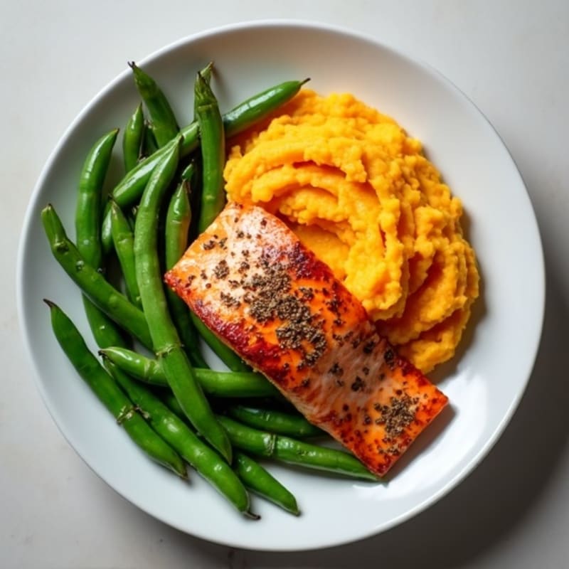 Seared Salmon with Steamed Green Beans and Mashed Sweet Potato