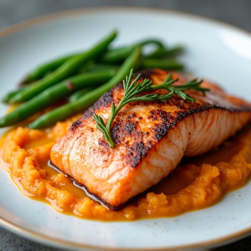 Seared Salmon with Steamed Green Beans and Sweet Potato Mash