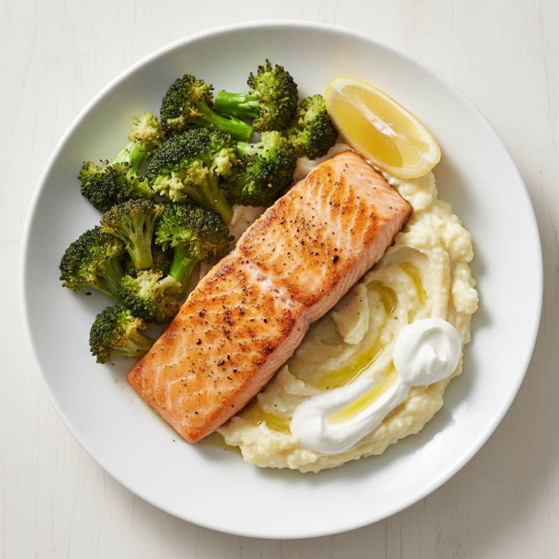 Seared Salmon Fillet with Roasted Broccoli and Garlic Mashed Cauliflower