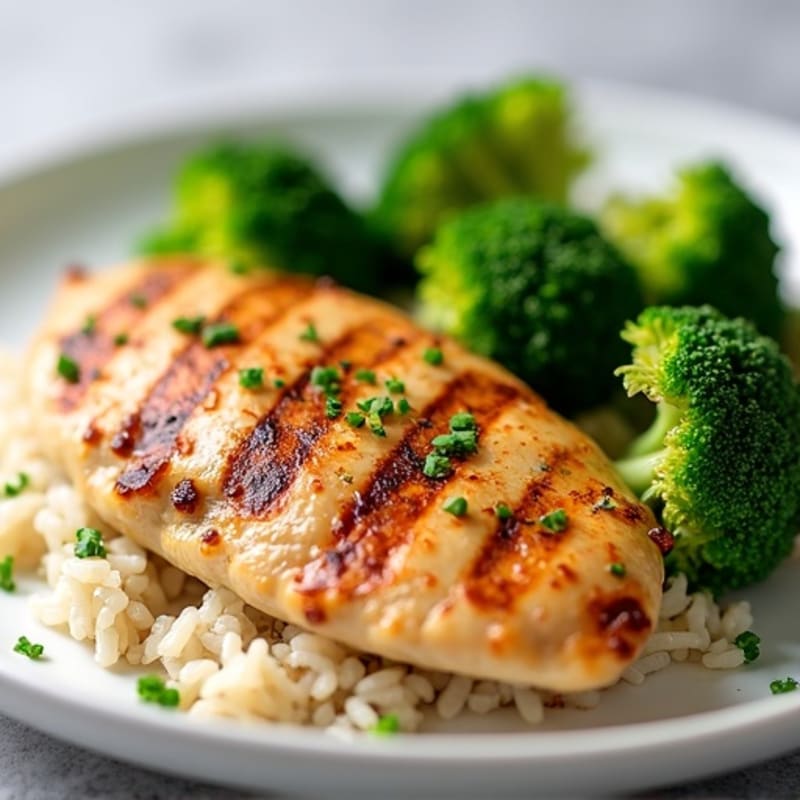 Grilled Chicken Breast with Steamed Broccoli and Jasmine Rice
