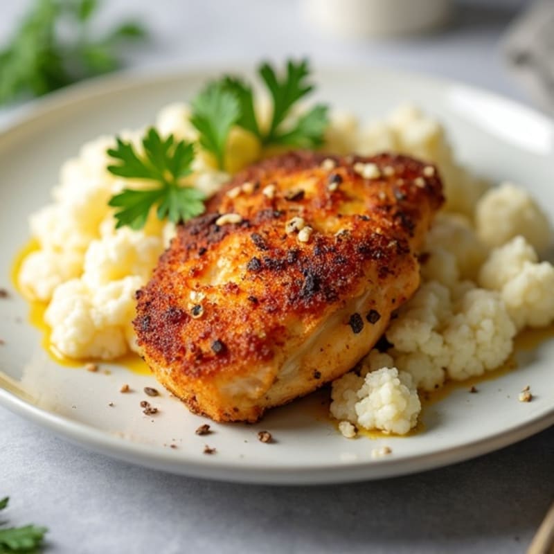 Crispy Baked Chicken Thighs with Creamy Garlic Mashed Cauliflower