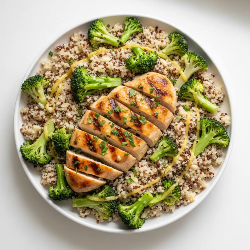 Grilled Lemon Herb Chicken Breast with Quinoa and Steamed Broccoli