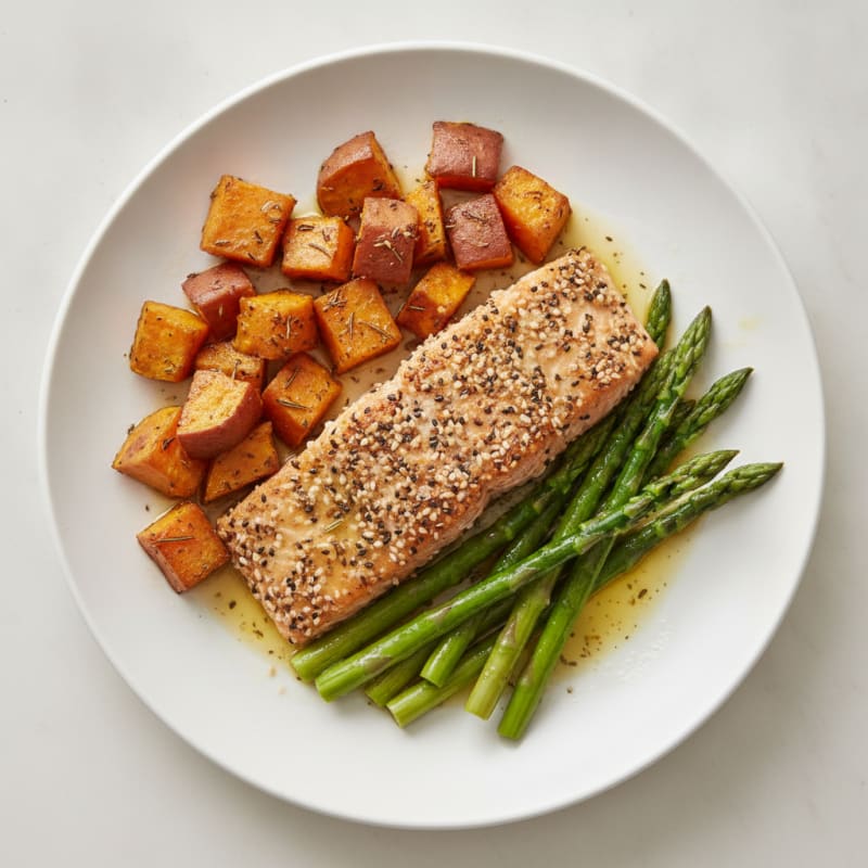 Seared Salmon Fillet with Herb-Roasted Sweet Potato and Steamed Asparagus