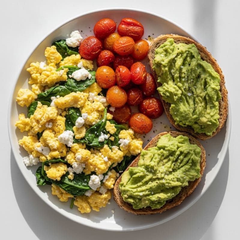 Cottage Cheese Egg Scramble with Sautéed Spinach and Cherry Tomatoes