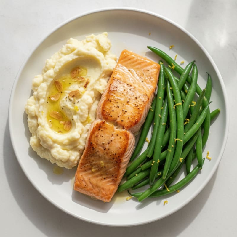 Seared Salmon with Steamed Green Beans and Garlic Mashed Cauliflower