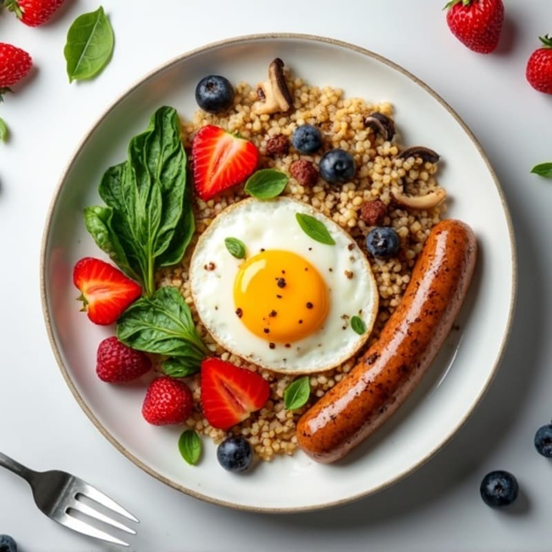 Egg White Veggie Scramble with Quinoa and Fresh Berries