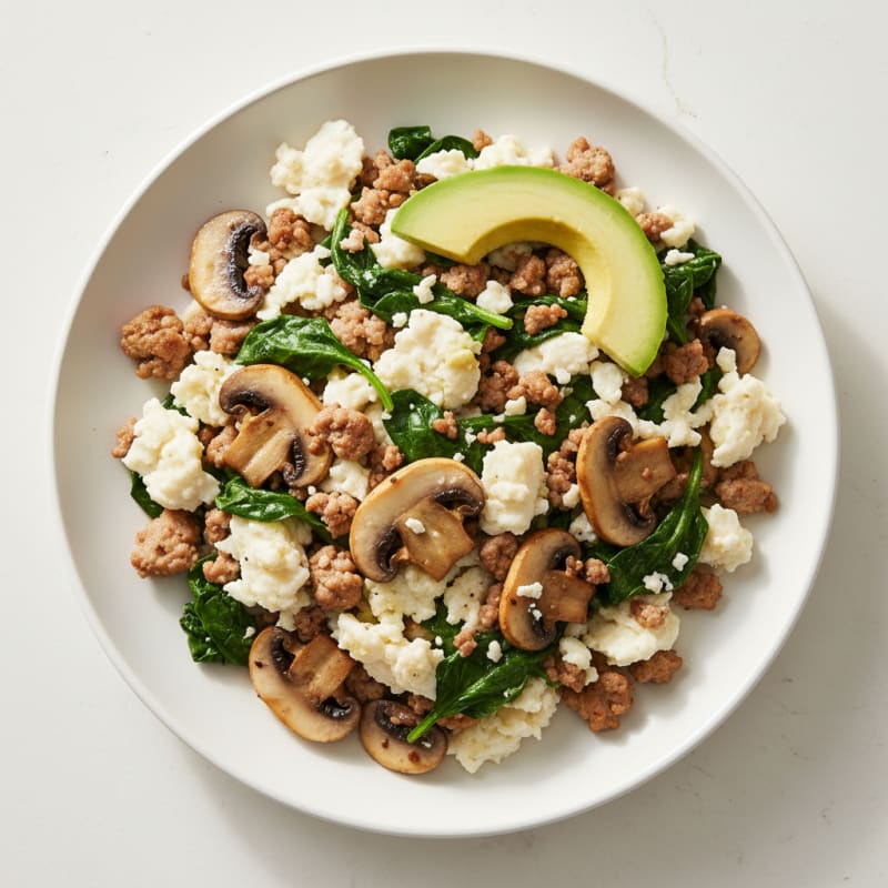 Egg White and Turkey Spinach Scramble with Sautéed Mushrooms