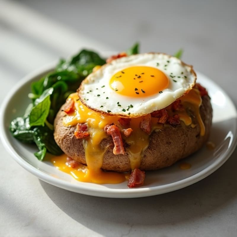 Baked Potato with Crispy Bacon, Creamy Cheese, and Sautéed Spinach