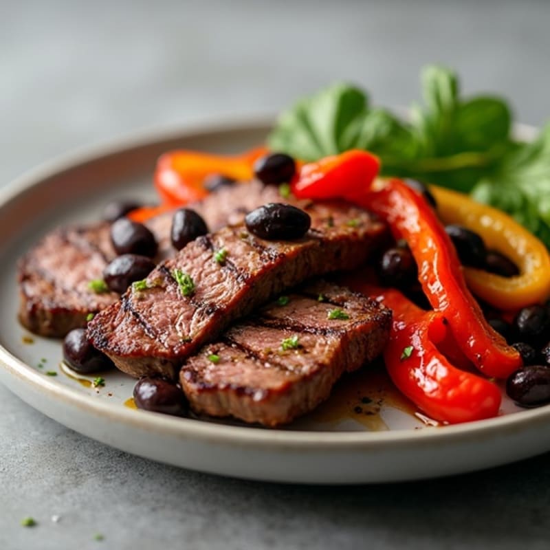 Seared Steak Strips with Black Beans and Roasted Peppers