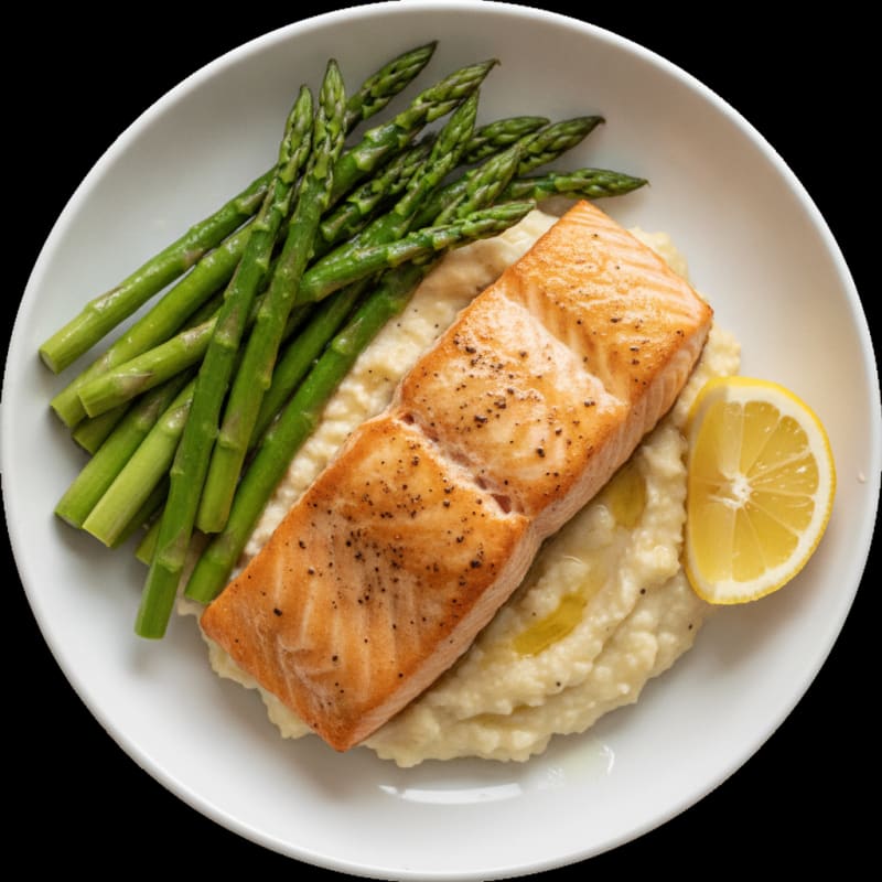 Seared Salmon with Steamed Asparagus and Cauliflower Mash