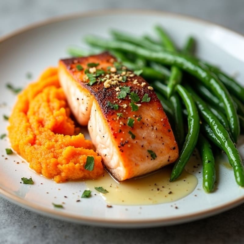 Seared Salmon with Garlic Green Beans and Sweet Potato Mash