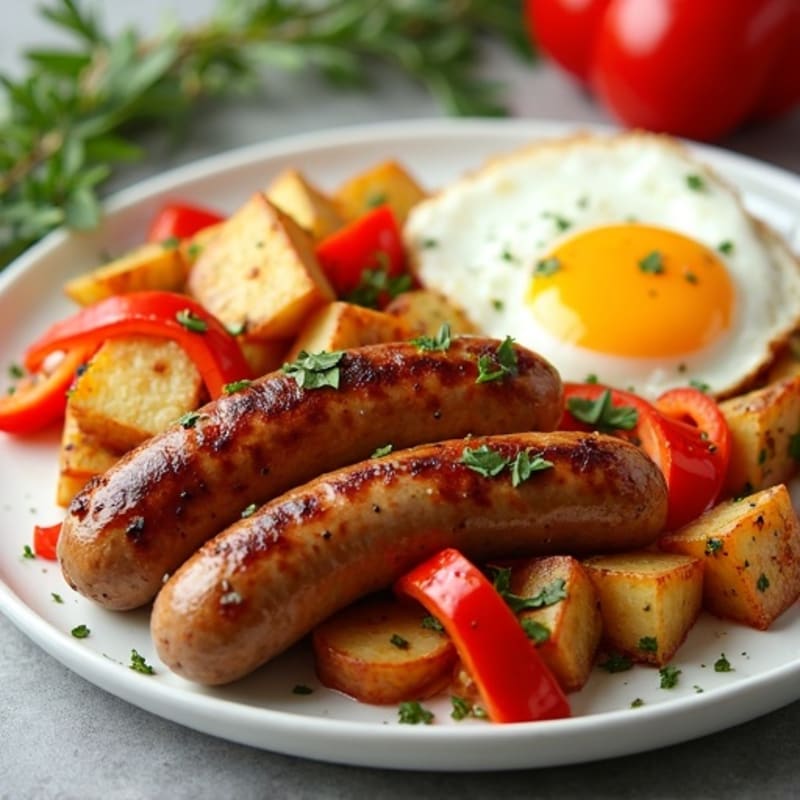 Lean Turkey Sausage and Crispy Potato Breakfast Skillet with Fresh Eggs and Peppers