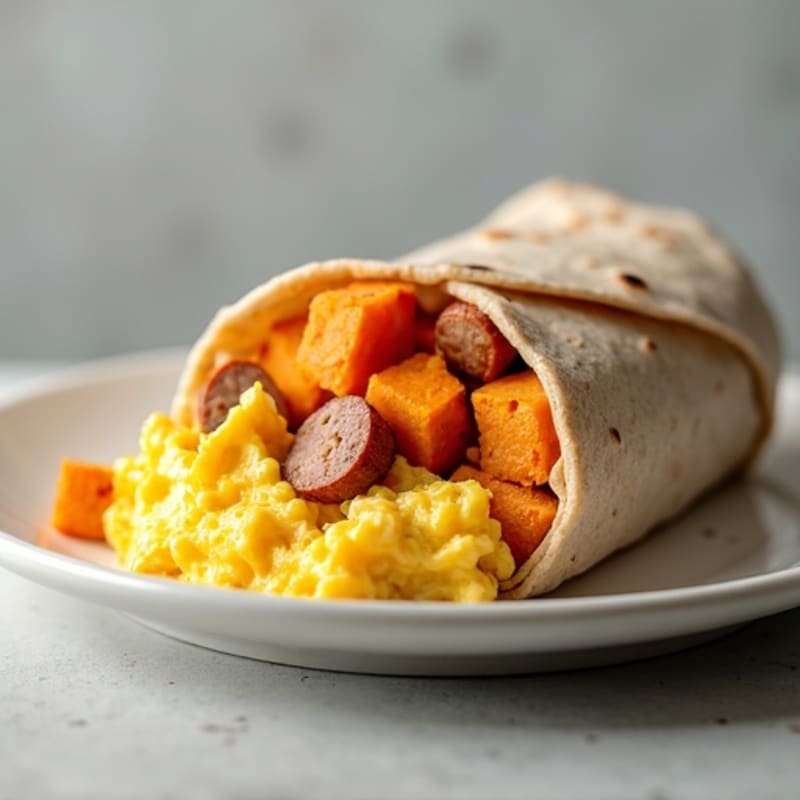 Scrambled Egg, Lean Turkey Sausage, and Roasted Sweet Potato Burrito