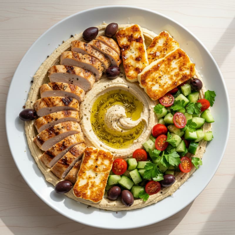 Hummus Platter with Grilled Halloumi and Olives