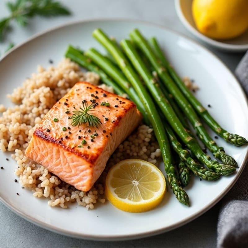 Seared Salmon Fillet with Steamed Asparagus and Brown Rice