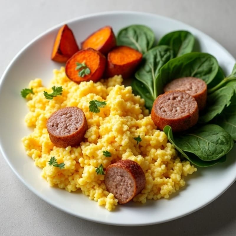 Egg White and Turkey Sausage Scramble with Roasted Sweet Potatoes