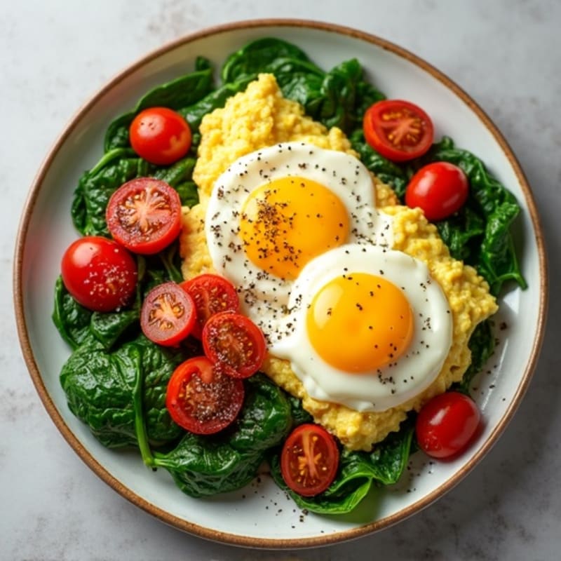 Cottage Cheese and Egg White Scramble with Sautéed Spinach and Cherry Tomatoes