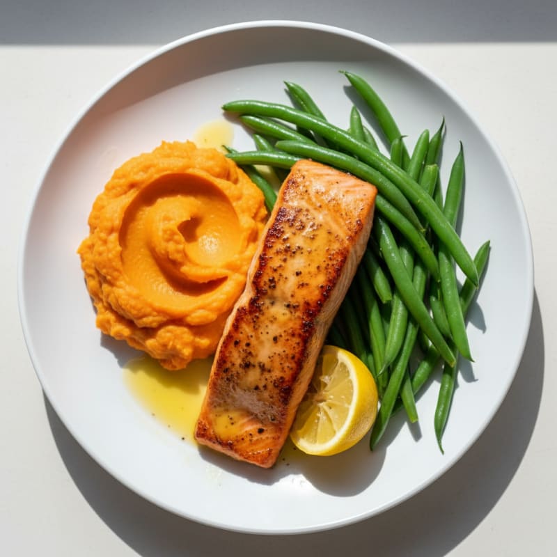 Seared Salmon with Steamed Green Beans and Sweet Potato Mash